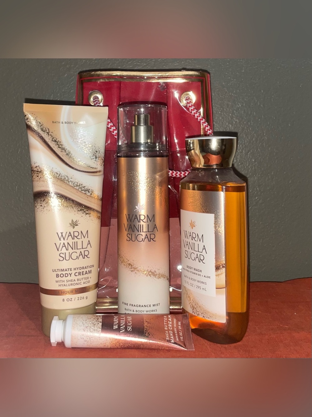 Bath & Body Works WARM VANILLA SUGAR FOUR PIECE BUNDLE + Reusable Gift Bag